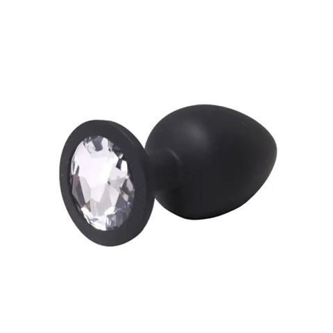 Czarny silikonowy korek analny Fantasy mały z białym kryształem 7 cm