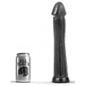 Dildo AB30 Donger All Black: 29 cm długości użytkowej, żebrowana struktura na całej długości i płaska podstawa.