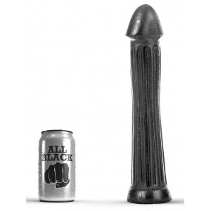 Dildo AB30 Donger All Black: 29 cm długości użytkowej, żebrowana struktura na całej długości i płaska podstawa.