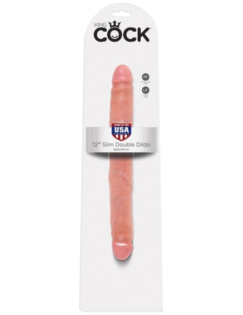 Smukłe dildo dwustronne z PVC bez ftalanów w kolorze Light, z fakturą skóry RealDeal. Ma 30,2 cm długości, 13,5 cm użytkowej