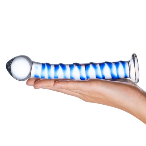 Szklane dildo z szkła borokrzemowego z wypukłą niebieską spiralą, zaokrągloną końcówką i szeroką podstawą