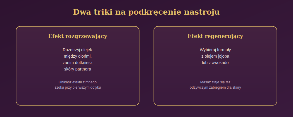 Diagram przedstawiający dwa triki na podkręcenie nastroju podczas masażu olejkiem: efekt rozgrzewający uzyskany przez rozcieranie olejku w dłoniach oraz efekt regenerujący dzięki formułom z olejem jojoba lub awokado
