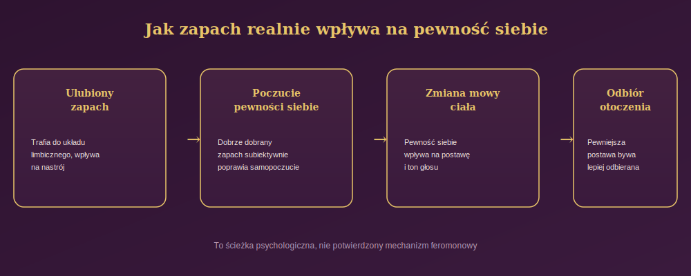 Diagram przedstawiający psychologiczny mechanizm wpływu zapachu na pewność siebie: od ulubionego zapachu, przez poczucie pewności siebie i zmianę mowy ciała, po odbiór przez otoczenie