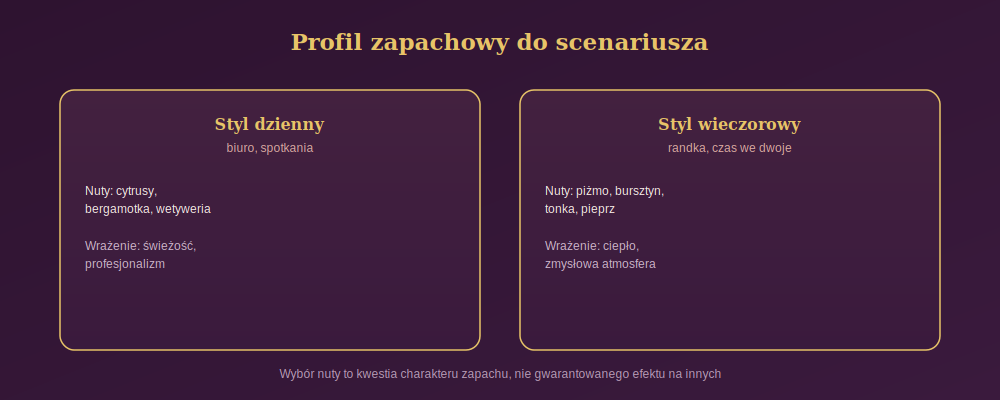 Diagram przedstawiający dobór profilu zapachowego do scenariusza: styl dzienny z nutami cytrusowymi na spotkania biznesowe oraz styl wieczorowy z nutami piżmowymi na randki
