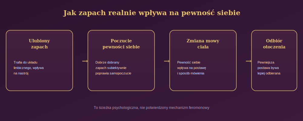 Diagram przedstawiający psychologiczny mechanizm wpływu zapachu na pewność siebie: od ulubionego zapachu, przez poczucie pewności siebie i zmianę mowy ciała, po odbiór przez otoczenie